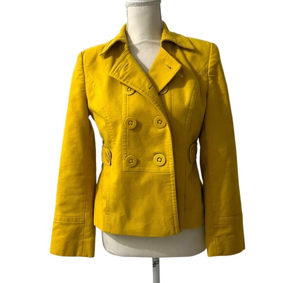 Ann Taylor Loft Mustard Yellow Preppy Double Breasted Academia Peacoat Jacket SP - Picture 3 of 9